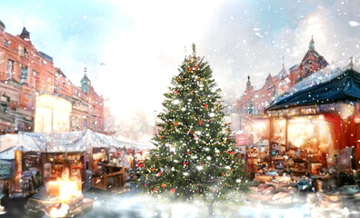 Fototapeta na wymiar Christmas tree on marketplace in the city ,medieval town blue sky and snow flakes snowy winter weather ,holiday banner card panorama