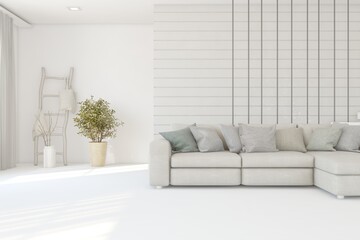 Modern living room in white color with sofa. Scandinavian interior design. 3D illustration