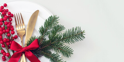 Christmas holiday celebration dinner. New Year table setting isolated on white overhead.