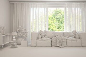 Mock up of stylish room in white color with sofa and green landscape in window. Scandinavian interior design. 3D illustration
