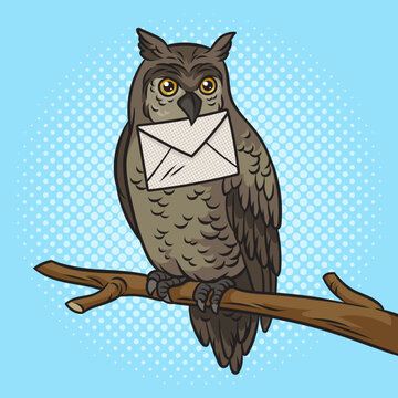 Fabulous owl with letter in its beak pinup pop art retro vector illustration. Comic book style imitation.