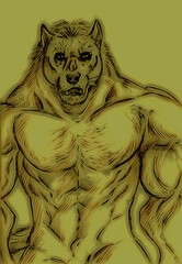 Illustration of a very big and imposing werewolf with muscles and short fur