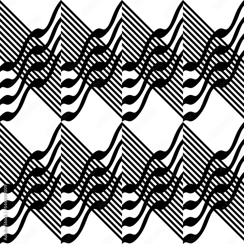 Fototapete Modern abstract geometric contemporary vector seamless diagonal pattern with simple elements and shapes. Graphic black and white minimalist background.