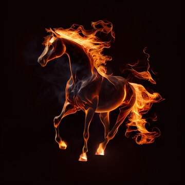 Fire horse on black background. Isolated running horse made of fire