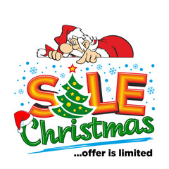 Cartoon Santa Claus points to Christmas discount with New Year tree. Vector template on a transparent background