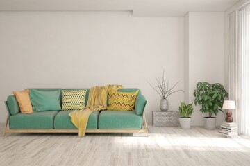White living room with sofa. Scandinavian interior design. 3D illustration
