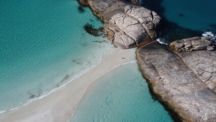 Aerial picture of Wylie bay rocks in Esperance. 2 beaches next to each other. Blue and shallow...