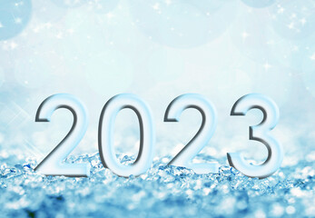 2023, new year card, blue icy snow and bokeh christmas background