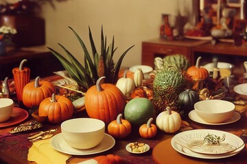 Obraz na płótnie Canvas Autumn table spread with pumpkins