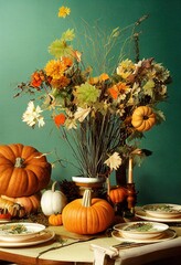 Autumn table spread with pumpkins