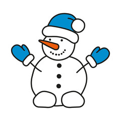 Snowman with a blue hat and mittens is isolated on white background. Christmas illustration for festive designs, prints, papers, decors, stickers, banners, invitations, cards. Adjustable stroke width.