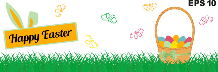 Happy Easter panorama.  Rabbit, eggs in the basket, green grass, butterfly. Seamless strip of grass. Vector illustration on white background