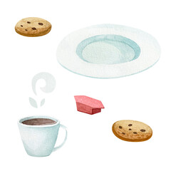 Tea watercolor set of cup, saucer, cookies and candy. 