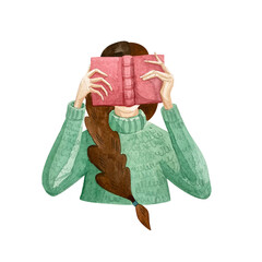A girl reading a book, painted in watercolor.