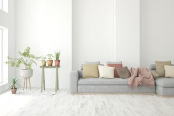 Modern living room in white color with sofa. Scandinavian interior design. 3D illustration