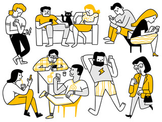 Various people using smartphone and social media, cellphone addiction concept. Cute character doodle style, outline, linear, thin line art, hand drawn sketch design. 