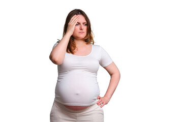 Pensiveness on face of pregnant woman, studio shot on white background