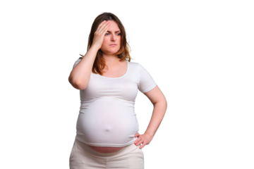 Pensiveness on face of pregnant woman, studio shot on white background