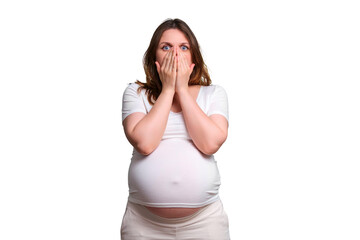 Emotion of shock in pregnant woman, studio shot on white background