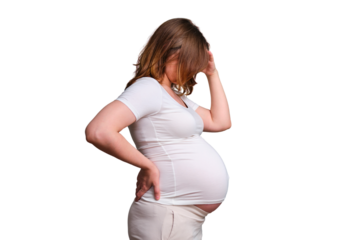 Problems and diseases during pregnancy in women, studio white background