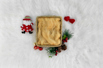 Newborn digital backdrop with santa claus, handmade basket and christmas decoration.  Newborn...