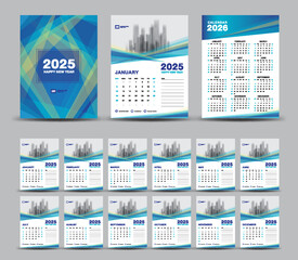 Calendar 2025 template set and 2026 year minimal Blue background, wall calendar 2025, Desk calendar 2025 set, cover design, Set of 12 Months, Week starts Sunday, Stationery, planner, Blue cover