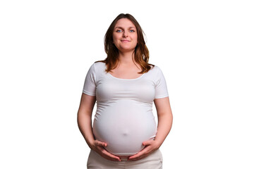 Happy smile on pregnant woman face, studio shot on white background