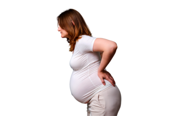 Back pain during pregnancy in women, studio white background