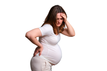 Pregnant woman health problems, studio shot on white background