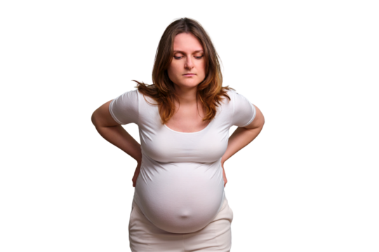Back pain problems during pregnancy in women, studio white background