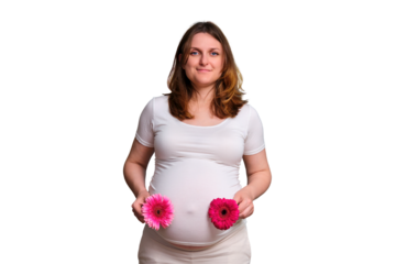 Pregnant woman with two red flowers, white background twin pregnancy concept