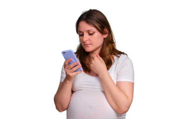 Mobile phone in hands of pregnant woman, studio shot on white background