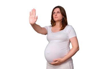 Adult pregnant woman raised her hands in the air in a sign of refusal and stop