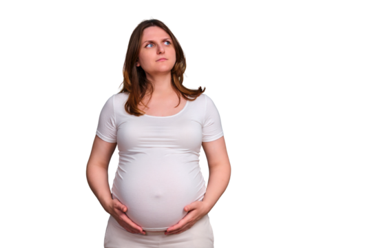 Portrait of a pregnant woman in perplexity on a white background