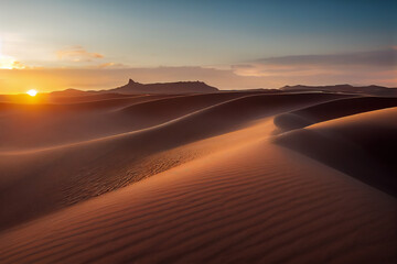 Plakat Panorama banner of sand dunes Sahara Desert at sunset. Endless dunes of yellow sand. Desert landscape Waves sand nature