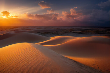Fototapeta na wymiar Breathtaking sunset over Sahara Desert's sand dunes, illuminating undulating patterns against a vibrant sky with dramatic clouds. Ideal depiction of Sahara's enchanting evening allure.