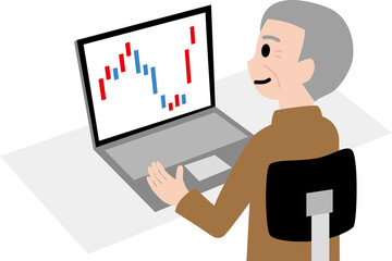 パソコンで株価を確認する初老の男性
