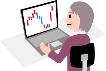パソコンで株価を確認する初老の女性
