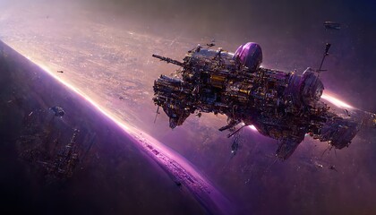 Naklejka premium Alien spaceship in flight, science fiction illustrative style scene in purple color