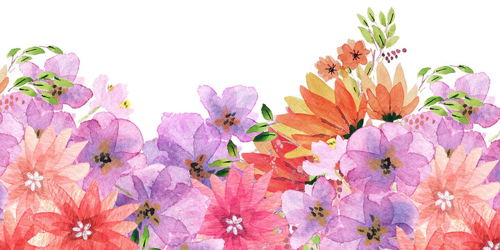 Sfondo con fiori variopinti, illustrazione ad acquerello isolata su sfondo bianco