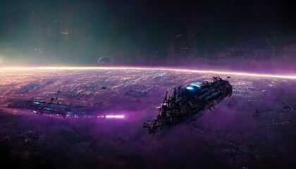 Alien spaceship in flight, science fiction illustrative style scene in purple color