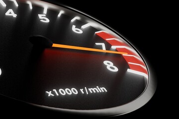 Tachometer needle in the red zone 3d render. - obrazy, fototapety, plakaty