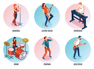 Rock Musicians composition set with people playing guitars, drums, synthesizer isometric icons on isolated background