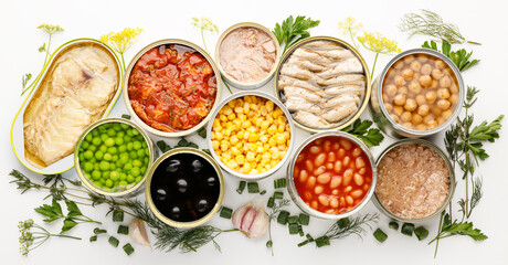 Assortment of canned vegetables and fish. Long lasting processed food.