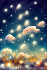 Illustration of a dreamy fantasy blue night sky with stars and clouds.  Dreamy backdrop. Great to use as a wallpaper or for your art projects.