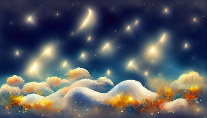 Obraz na płótnie Canvas Illustration of a dreamy fantasy blue night sky with stars and clouds. Dreamy backdrop. Great to use as a wallpaper or for your art projects.