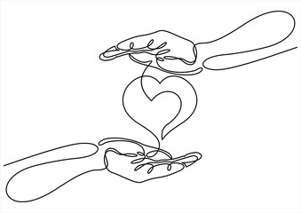 One continuous line drawing of hand holding heart. illustration