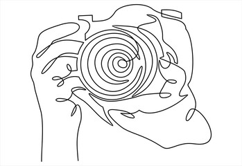 Illustration of Hand Holding a Digital Camera- continuous line drawing - obrazy, fototapety, plakaty