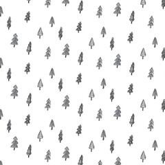 Obraz na płótnie Canvas Hand drawn vector illustration of forest pattern  in minimal cartoon style. Tree doodle wallpaper for kids textile, fabric, wrapping paper, printed products. Cute simple.