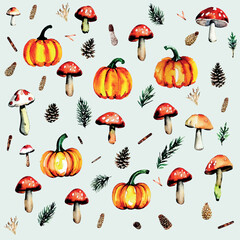 Autumn pattern with mushrooms, fir cones and pumpkins. Vector illustration